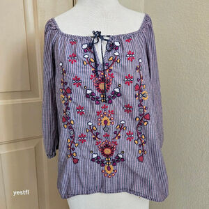 Johnny Was 3J workshop Blouse Top, Blue Striped Floral embroidered